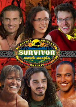 Promotional poster for Survivor: South Pacific, featuring Coach, Sophie, Cochran, Dawn, Ozzy and Albert